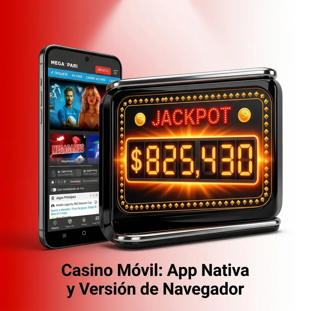 Interfaz de casino móvil MegaPari en app nativa y navegador con juegos, apuestas deportivas y bonos disponibles