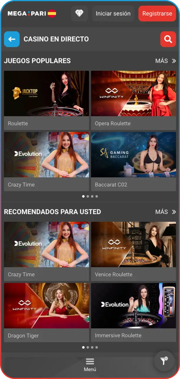 Explorá la interfaz de casino en la Megapari Casino app y jugá en vivo.