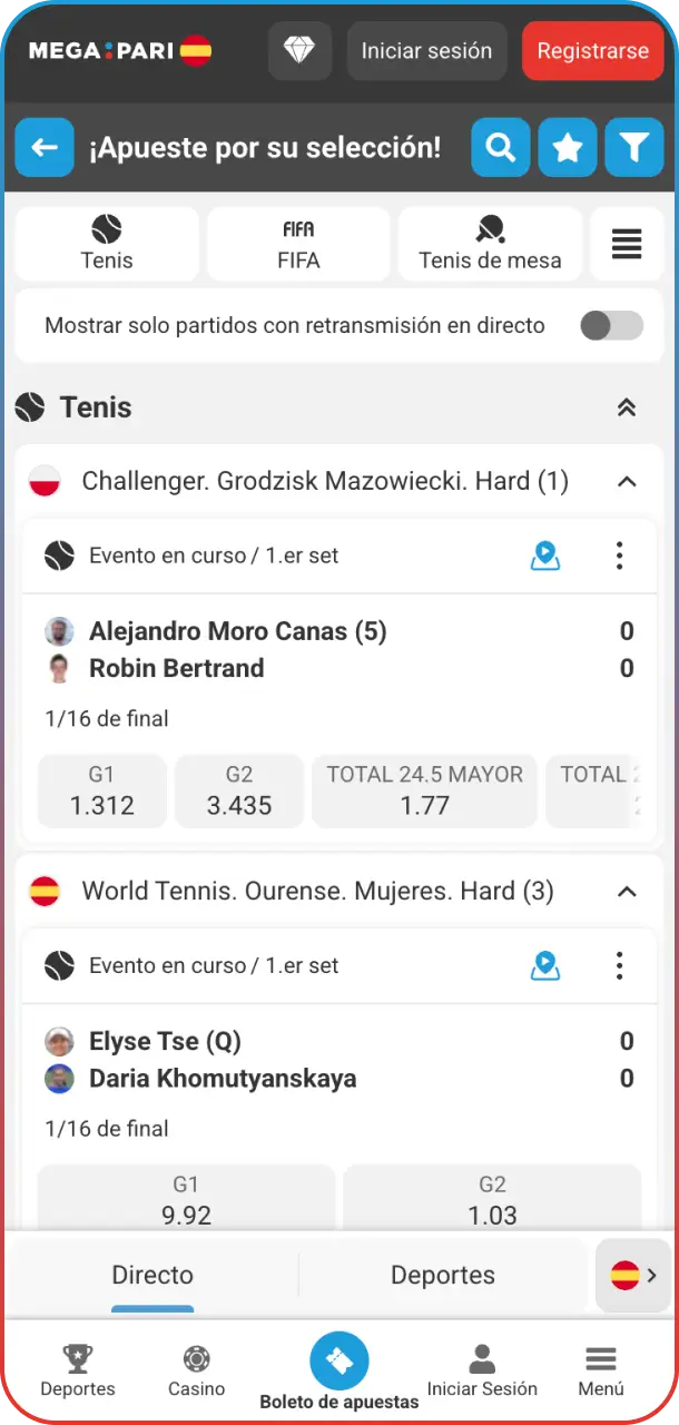 Navegá por la interfaz de deportes en la Megapari Casino app para apostar.