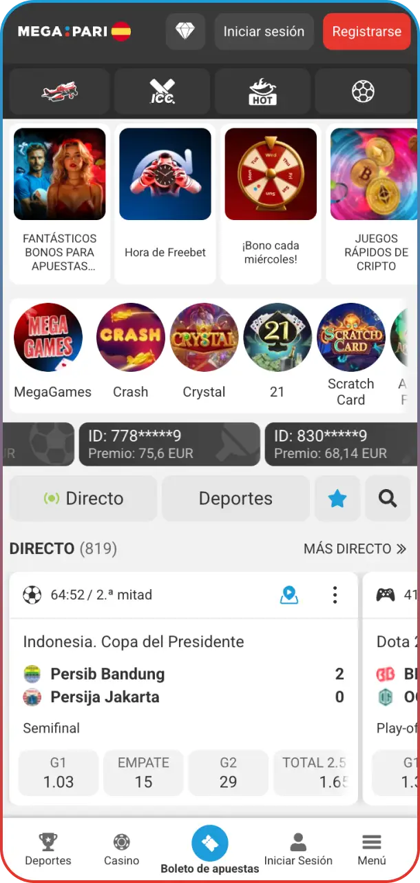 Ingresá a la interfaz principal en la Megapari Casino app desde tu móvil.