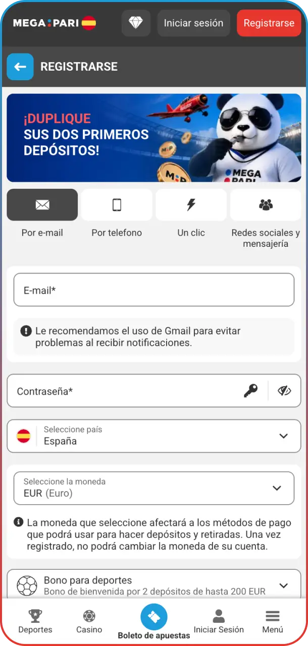 Abrí la interfaz de registro en la Megapari Casino app y creá tu cuenta.