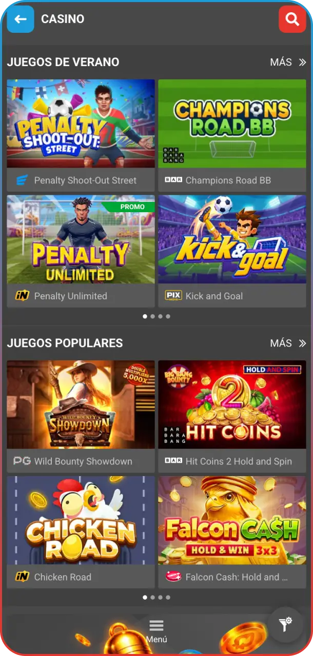 Hacé girar los rodillos en la interfaz de slots con Megapari Casino app.