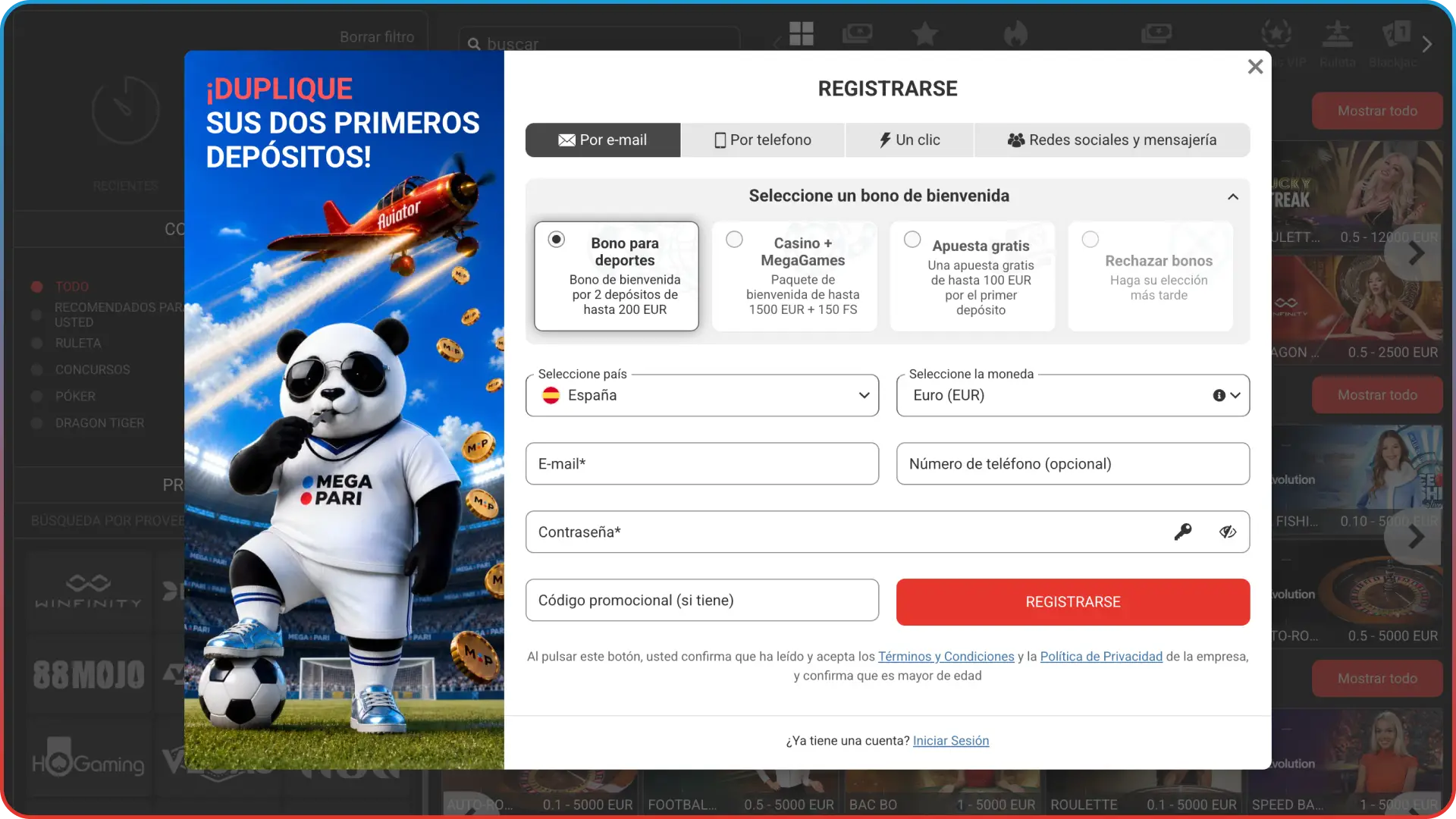 Completá la interfaz de registro en Megapari Casino España y creá tu cuenta en minutos.