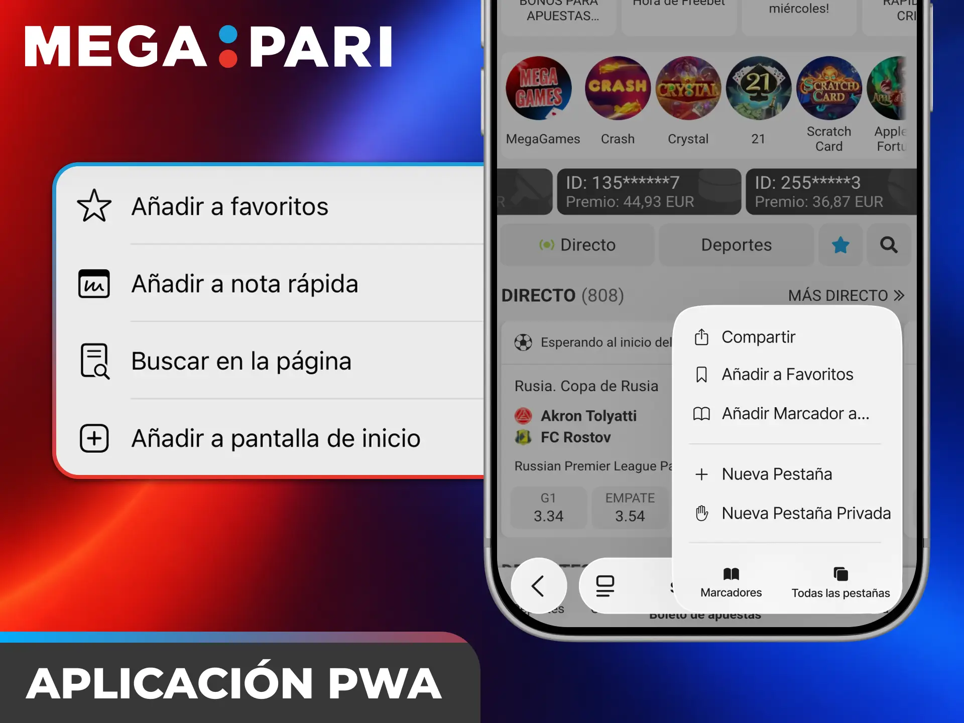 Agregá el acceso directo e instalá la aplicación PWA de Megapari Casino España.