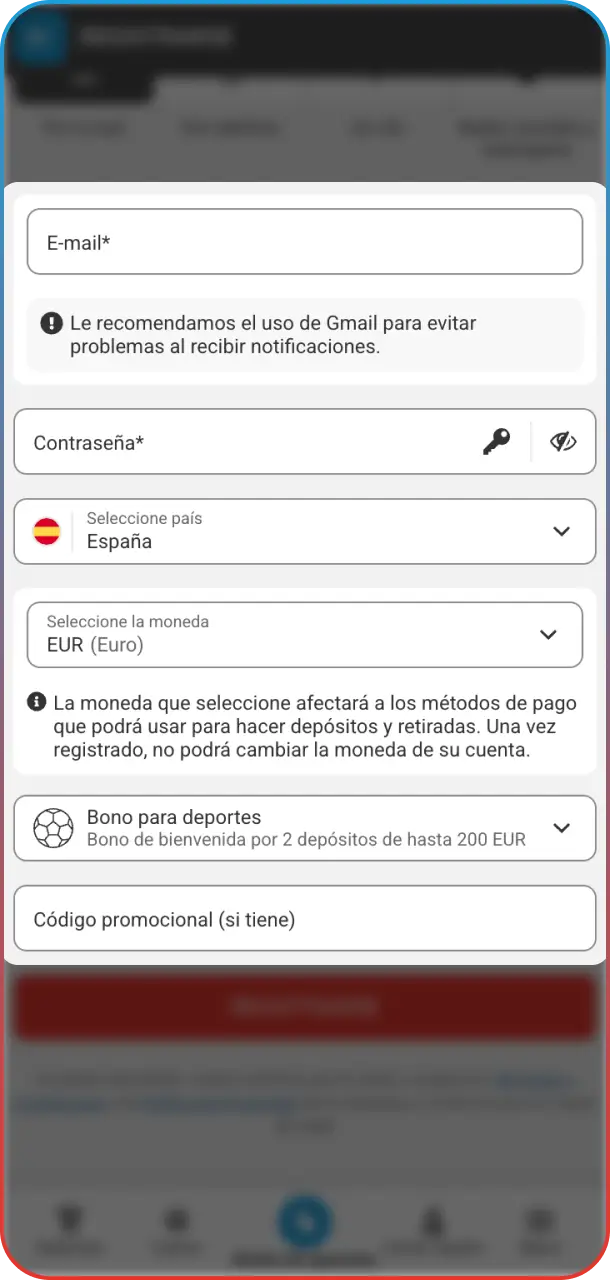 Completá tus datos personales para crear tu cuenta en Megapari Casino España.